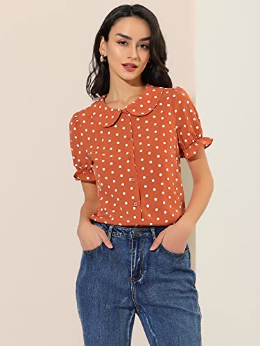 Allegra K Women's Polka Dots Shirt Short Puff Sleeve Vintage Button Up Peter Pan Collar Blouse Tops Medium Orange Red