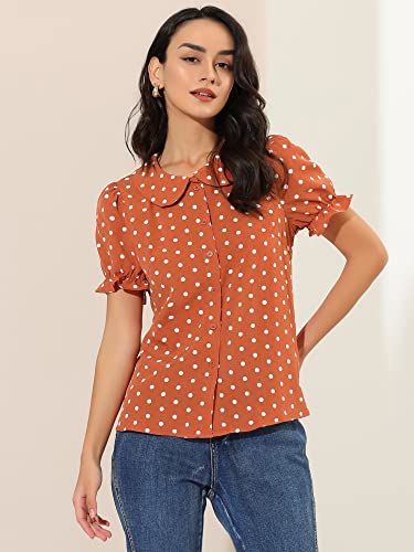 Allegra K Women's Polka Dots Shirt Short Puff Sleeve Vintage Button Up Peter Pan Collar Blouse Tops Medium Orange Red