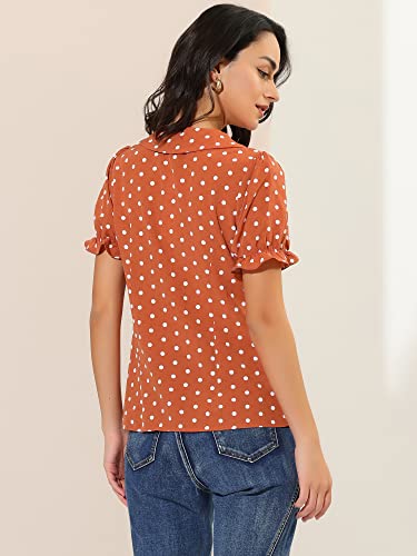 Allegra K Women's Polka Dots Shirt Short Puff Sleeve Vintage Button Up Peter Pan Collar Blouse Tops Medium Orange Red