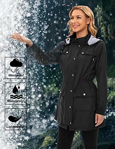 Bloggerlove Womens Rain Jacket Waterproof Lightweight Raincoat Long Hooded Outdoor Hiking Jackets Black L