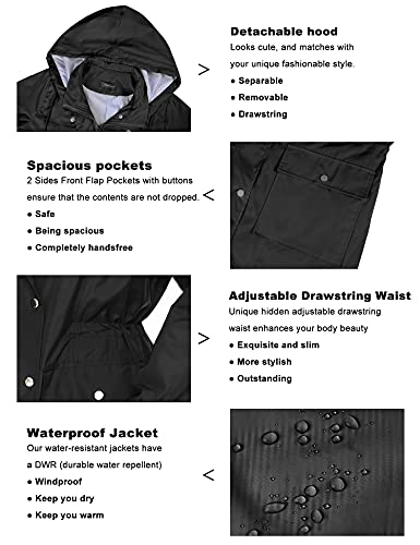 Bloggerlove Womens Rain Jacket Waterproof Lightweight Raincoat Long Hooded Outdoor Hiking Jackets Black L