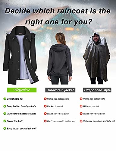 Bloggerlove Womens Rain Jacket Waterproof Lightweight Raincoat Long Hooded Outdoor Hiking Jackets Black L
