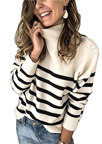 KIRUNDO 2023 Winter Women's Long Sleeve Knit Sweater Turtleneck Striped Loose Pullover Tops Deco with Metal Buttons(Large, White)