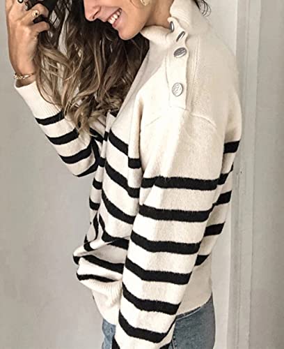KIRUNDO 2023 Winter Women's Long Sleeve Knit Sweater Turtleneck Striped Loose Pullover Tops Deco with Metal Buttons(Large, White)