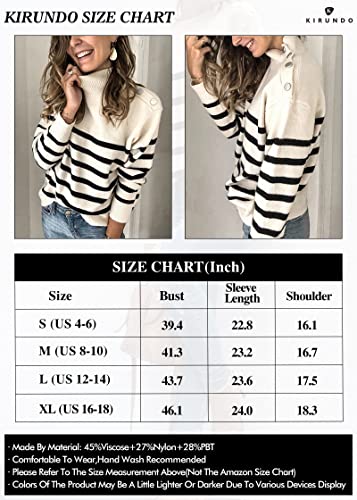 KIRUNDO 2023 Winter Women's Long Sleeve Knit Sweater Turtleneck Striped Loose Pullover Tops Deco with Metal Buttons(Large, White)