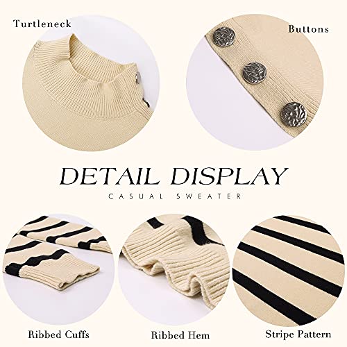 KIRUNDO 2023 Winter Women's Long Sleeve Knit Sweater Turtleneck Striped Loose Pullover Tops Deco with Metal Buttons(Large, White)