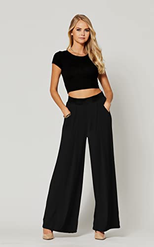 Palazzo Pants with Pockets for Women - Many Colors and Prints - High Waisted Wide Legged - Solid Black - One Size - 715854664499