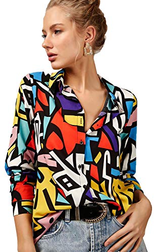 Blouses for Women Fashion, Casual Long Sleeve Button Down Shirts Tops, XS-3XL (Red Yellow Mix Colors, Large)