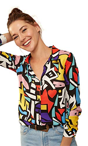 Blouses for Women Fashion, Casual Long Sleeve Button Down Shirts Tops, XS-3XL (Red Yellow Mix Colors, Large)