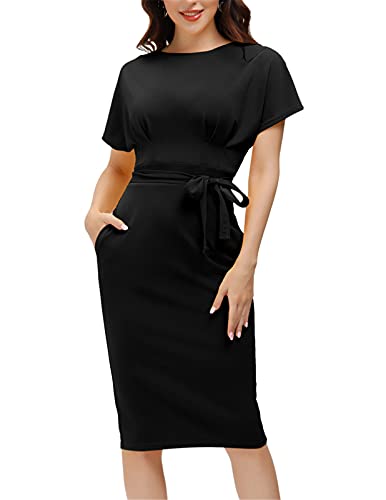 JASAMBAC Black Pencil Dress for Women Funeral Church Bodycon Professional Dresses for Work