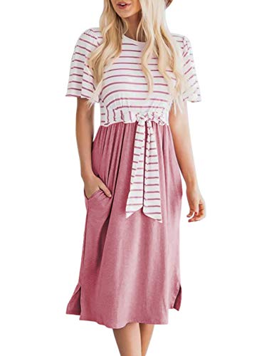 MEROKEETY Women's Summer Striped Ruffle Sleeves Tie Waist Crew Neck Casual Swing Midi Dress Dusty Pink