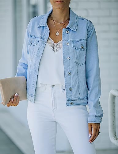 luvamia Women's Casual Basic Button Down Stretch Regular Fit Long Sleeves Denim Jean Jacket Jean Jackets for Women Fashion Azure Mood Size Large Fits Size 12 / Size 14