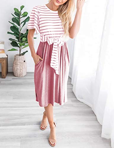 MEROKEETY Women's Summer Striped Ruffle Sleeves Tie Waist Crew Neck Casual Swing Midi Dress Dusty Pink