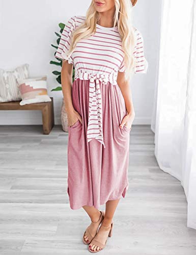 MEROKEETY Women's Summer Striped Ruffle Sleeves Tie Waist Crew Neck Casual Swing Midi Dress Dusty Pink
