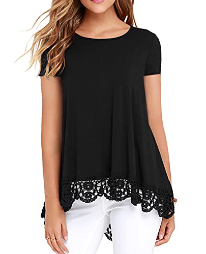 QIXING Women's Tops Short Sleeve Lace Trim O-Neck A Line Tunic Blouse Black-Small