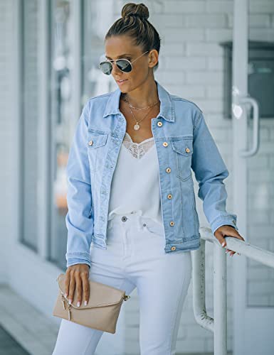 luvamia Women's Casual Basic Button Down Stretch Regular Fit Long Sleeves Denim Jean Jacket Jean Jackets for Women Fashion Azure Mood Size Large Fits Size 12 / Size 14