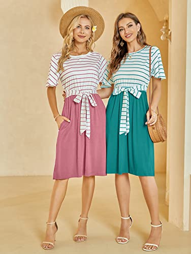 MEROKEETY Women's Summer Striped Ruffle Sleeves Tie Waist Crew Neck Casual Swing Midi Dress Dusty Pink