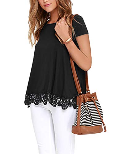 QIXING Women's Tops Short Sleeve Lace Trim O-Neck A Line Tunic Blouse Black-Small