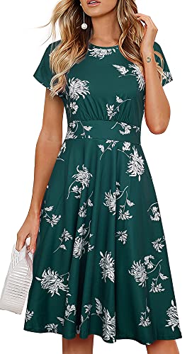 HOMEYEE Women's Short Sleeve Floral Casual Aline Midi Dress A102(10,Green)