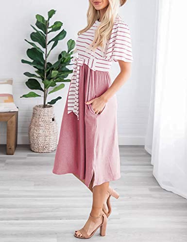 MEROKEETY Women's Summer Striped Ruffle Sleeves Tie Waist Crew Neck Casual Swing Midi Dress Dusty Pink
