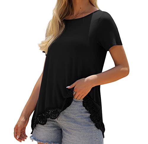 QIXING Women's Tops Short Sleeve Lace Trim O-Neck A Line Tunic Blouse Black-Small