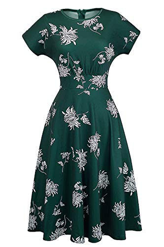 HOMEYEE Women's Short Sleeve Floral Casual Aline Midi Dress A102(10,Green)