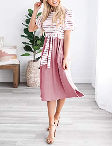 MEROKEETY Women's Summer Striped Ruffle Sleeves Tie Waist Crew Neck Casual Swing Midi Dress Dusty Pink