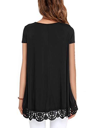 QIXING Women's Tops Short Sleeve Lace Trim O-Neck A Line Tunic Blouse Black-Small