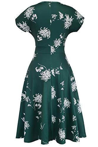 HOMEYEE Women's Short Sleeve Floral Casual Aline Midi Dress A102(10,Green)