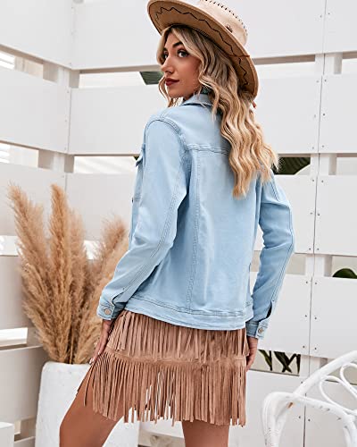 luvamia Women's Casual Basic Button Down Stretch Regular Fit Long Sleeves Denim Jean Jacket Jean Jackets for Women Fashion Azure Mood Size Large Fits Size 12 / Size 14