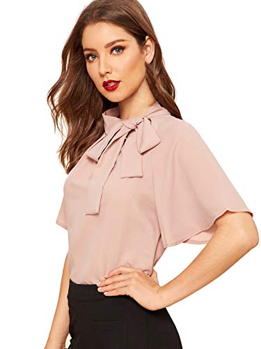 SheIn Women's Casual Side Bow Tie Neck Short Sleeve Blouse Shirt Top X-Large Petal Pink