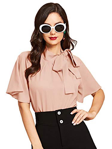 SheIn Women's Casual Side Bow Tie Neck Short Sleeve Blouse Shirt Top X-Large Petal Pink