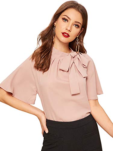 SheIn Women's Casual Side Bow Tie Neck Short Sleeve Blouse Shirt Top X-Large Petal Pink