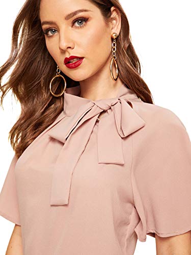 SheIn Women's Casual Side Bow Tie Neck Short Sleeve Blouse Shirt Top X-Large Petal Pink