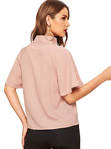 SheIn Women's Casual Side Bow Tie Neck Short Sleeve Blouse Shirt Top X-Large Petal Pink