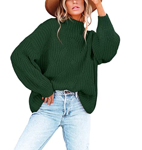 Women's Oversized Crewneck Sweater Drop Shoulder Loose Long Sleeve Knit Pullover Sweater Dark Green L