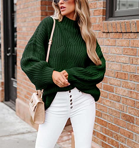 Women's Oversized Crewneck Sweater Drop Shoulder Loose Long Sleeve Knit Pullover Sweater Dark Green L