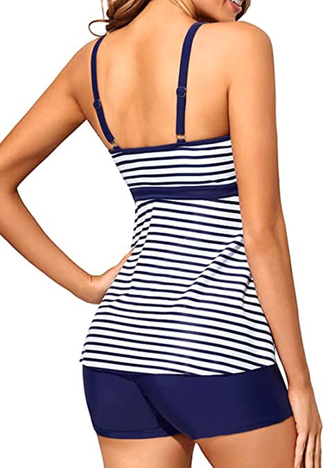 Yonique Two Piece Tankini Bathing Suits for Women Tummy Control Swimsuits with Boy Shorts Modest Swimwear Blue and White Stripe XL