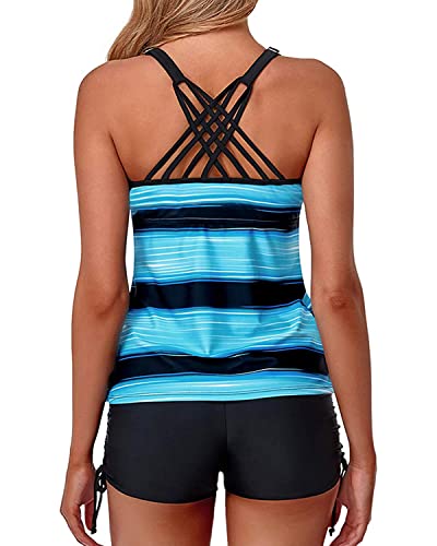 Yonique Womens Tankini Swimsuits Athletic Two Piece Tummy Control Bathing Suits with Shorts Modest Tank Tops Gradient Blue Stripe M