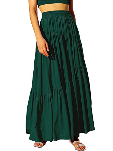 ANRABESS Women’s Boho Elastic High Waist Pleated A-Line Flowy Swing Asymmetric Tiered Maxi Long Skirt Dress with Pockets 617shenlv-M Deep Green