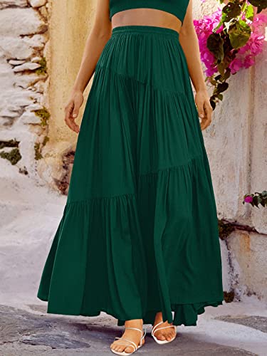 ANRABESS Women’s Boho Elastic High Waist Pleated A-Line Flowy Swing Asymmetric Tiered Maxi Long Skirt Dress with Pockets 617shenlv-M Deep Green