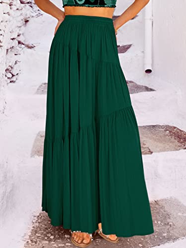 ANRABESS Women’s Boho Elastic High Waist Pleated A-Line Flowy Swing Asymmetric Tiered Maxi Long Skirt Dress with Pockets 617shenlv-M Deep Green