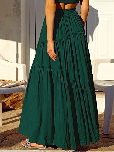 ANRABESS Women’s Boho Elastic High Waist Pleated A-Line Flowy Swing Asymmetric Tiered Maxi Long Skirt Dress with Pockets 617shenlv-M Deep Green