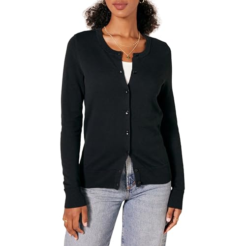 Amazon Essentials Women's Lightweight Crewneck Cardigan Sweater (Available in Plus Size), Black, Large