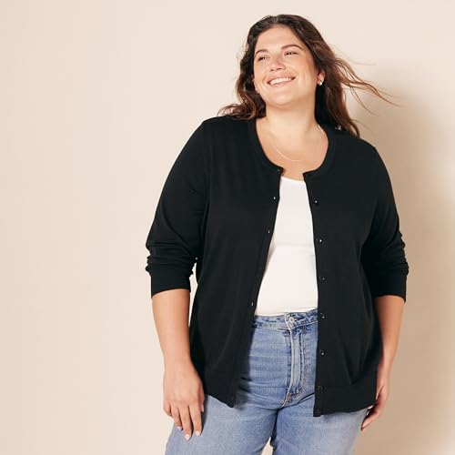 Amazon Essentials Women's Lightweight Crewneck Cardigan Sweater (Available in Plus Size), Black, Large
