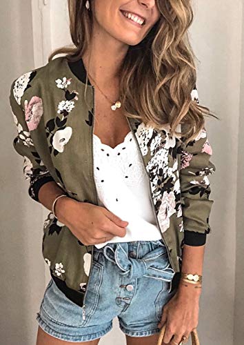 ECOWISH Women's Casual Floral Zip Up Inspired Bomber Jacket Leopard Coat Stand Collar Lightweight Short Outwear Tops 333 Army Green Large