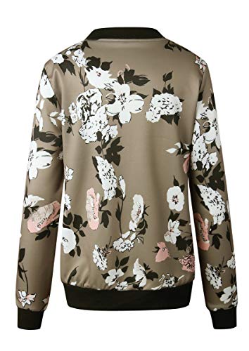 ECOWISH Women's Casual Floral Zip Up Inspired Bomber Jacket Leopard Coat Stand Collar Lightweight Short Outwear Tops 333 Army Green Large