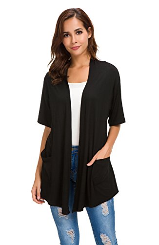 ADANIKI Womens Short Sleeve Open Front Lightweight Casual Comfy Long Line Drape Hem Soft Modal Cardigans Sweater with Two Pockets (Black, XL)