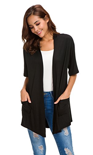 ADANIKI Womens Short Sleeve Open Front Lightweight Casual Comfy Long Line Drape Hem Soft Modal Cardigans Sweater with Two Pockets (Black, XL)