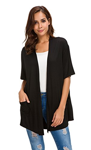 ADANIKI Womens Short Sleeve Open Front Lightweight Casual Comfy Long Line Drape Hem Soft Modal Cardigans Sweater with Two Pockets (Black, XL)
